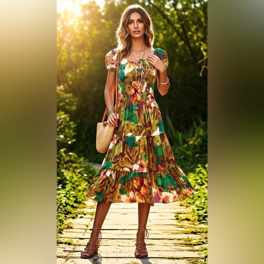 MLLE GABRIELLE Green Tropical Floral Print Smocked Waist Midi Dress Boho Chic S